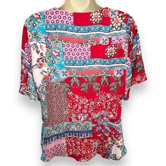 Chico’s Women’s Patchwork Peplum Flutter-Sleeve Top Red Blue Size 0 (4/6) - Picture 3 of 9